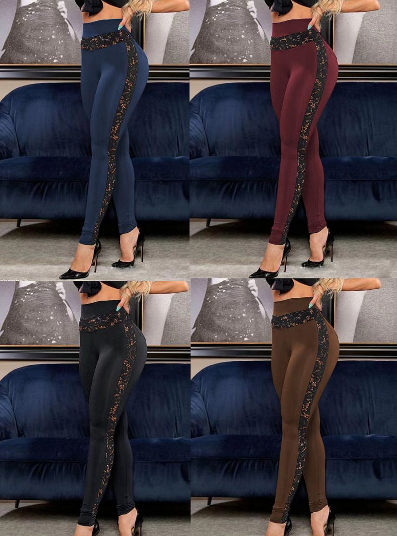 {MijaGrace} Women's High Waist Lace Patchwork Elastic Leggings Pants-BLACK-S-5XL