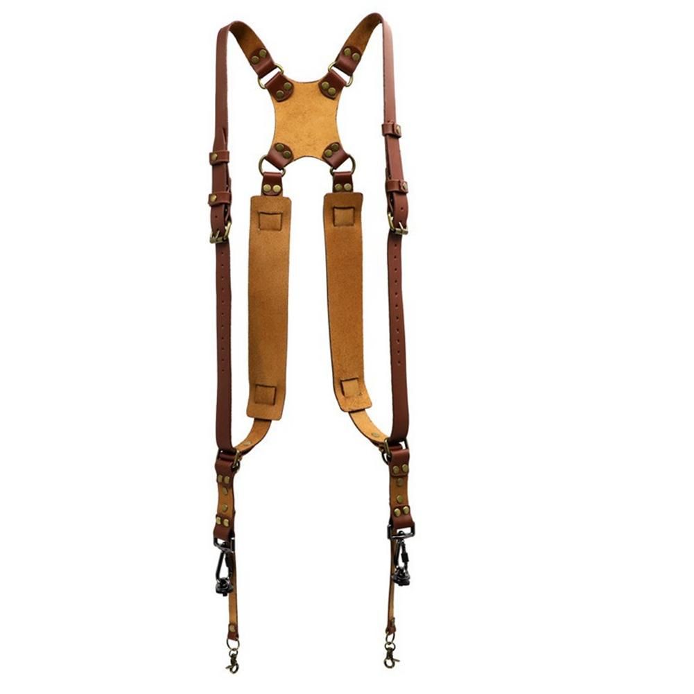 Camera Strap Leather Double Shoulder Leather Harness Strap Photography Gear for DSLR/SLR Camera (Brown)