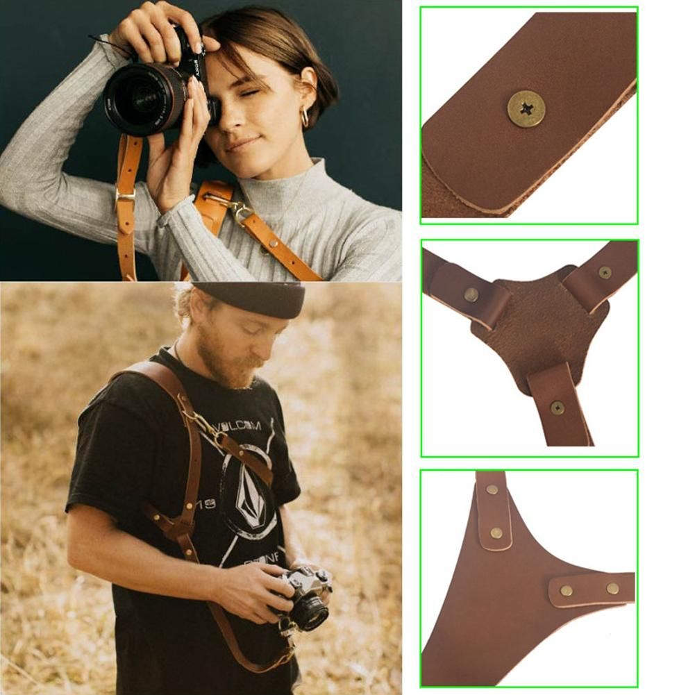 Camera Strap Leather Double Shoulder Leather Harness Strap Photography Gear for DSLR/SLR Camera (Brown)