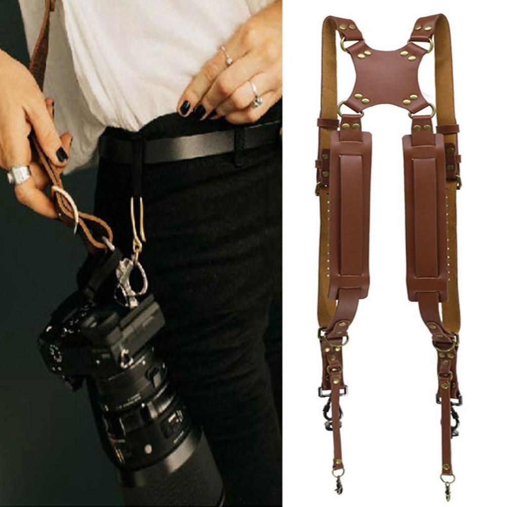 Camera Strap Leather Double Shoulder Leather Harness Strap Photography Gear for DSLR/SLR Camera (Brown)