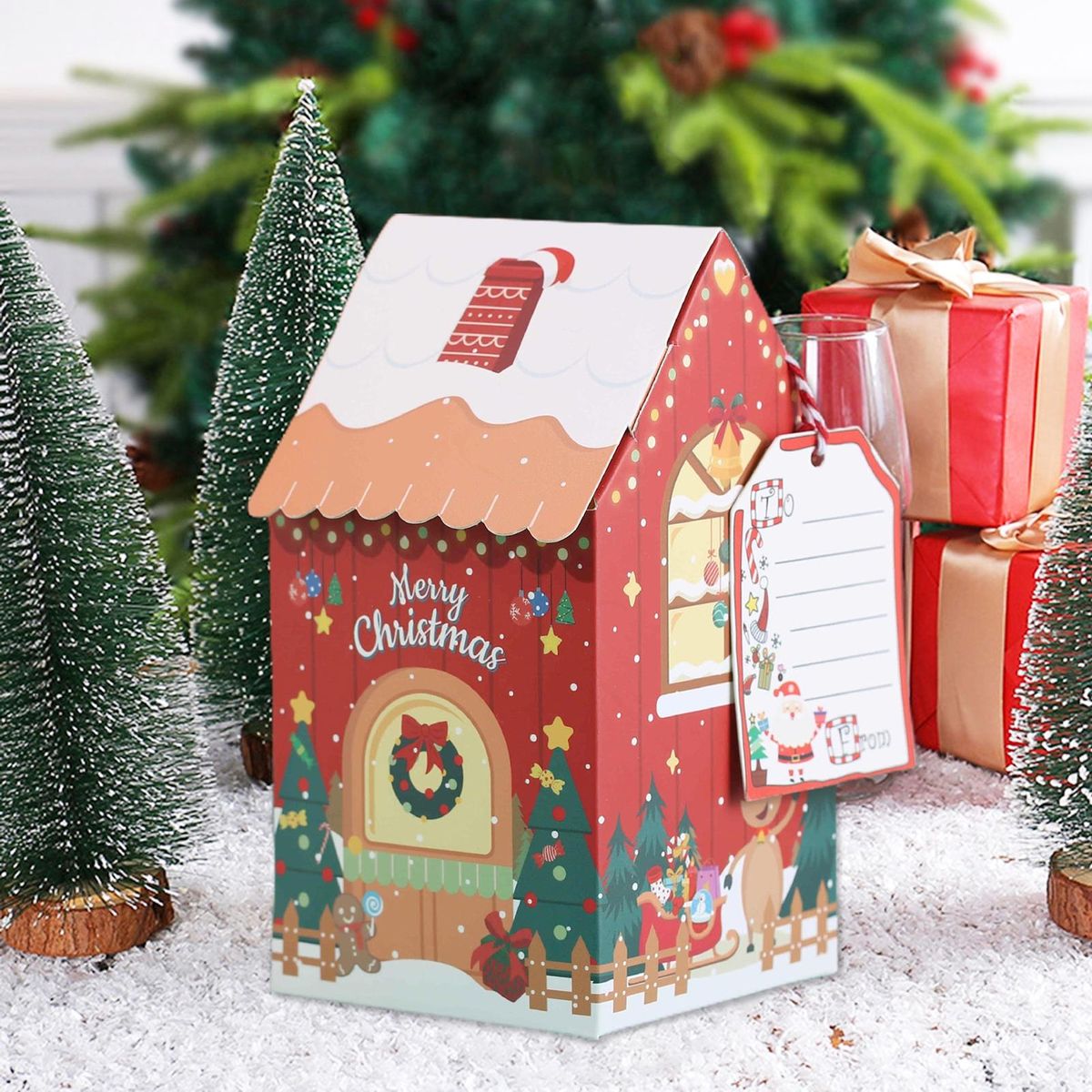 Cookie Gift Boxes 10-piece Festive Gingerbread House Candy for Xmas Red