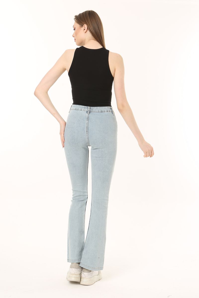 Women Front Hem Slit Detail Flare Fit Jean Trousers