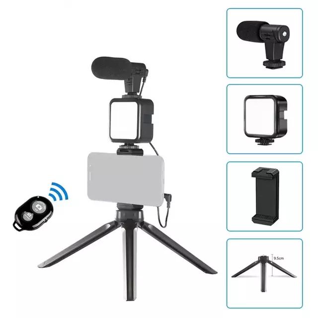 Vlogging Kit (4in1) LED Video Light Tripod Phone Holder + Microphone For YouTube/Tiktok/Facebook/Camera