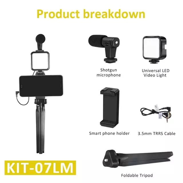 Vlogging Kit (4in1) LED Video Light Tripod Phone Holder + Microphone For YouTube/Tiktok/Facebook/Camera