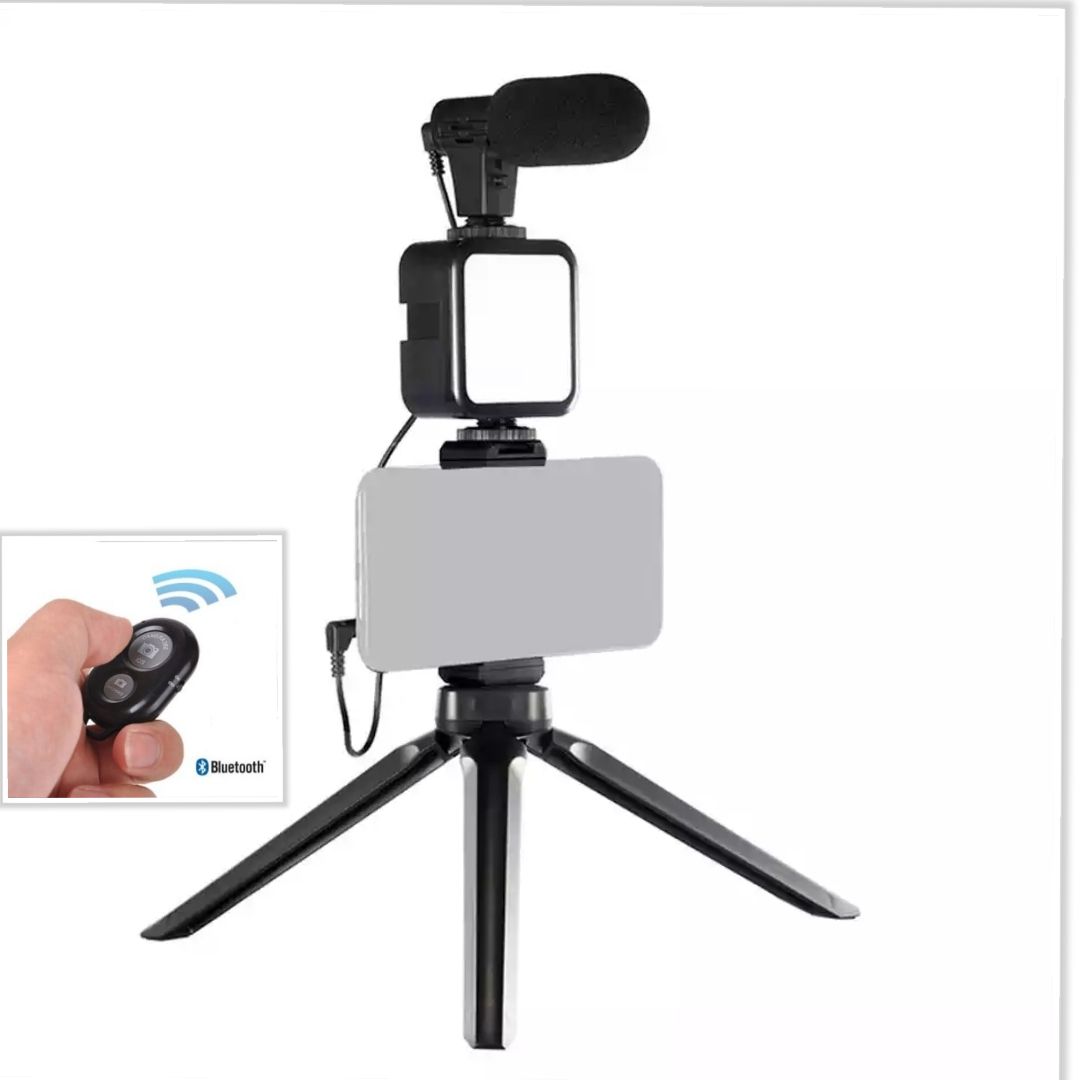 Vlogging Kit (4in1) LED Video Light Tripod Phone Holder + Microphone For YouTube/Tiktok/Facebook/Camera