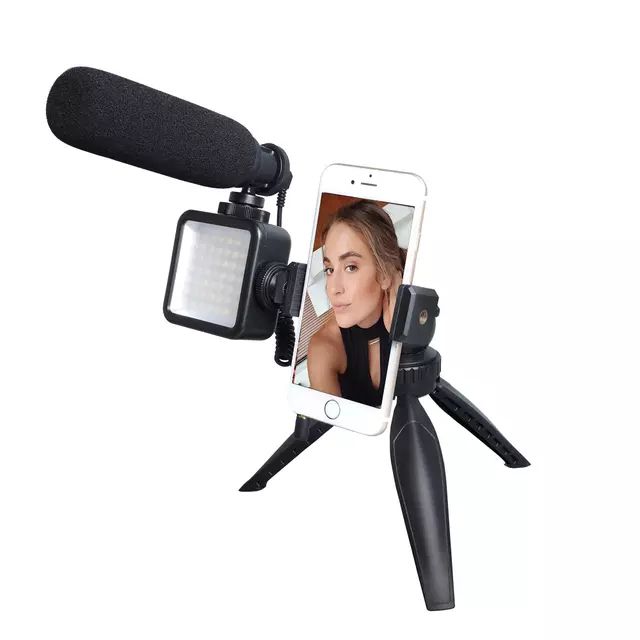 Vlogging Kit (4in1) LED Video Light Tripod Phone Holder + Microphone For YouTube/Tiktok/Facebook/Camera