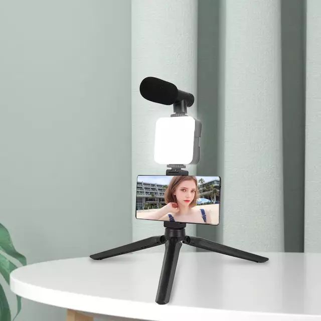Vlogging Kit (4in1) LED Video Light Tripod Phone Holder + Microphone For YouTube/Tiktok/Facebook/Camera