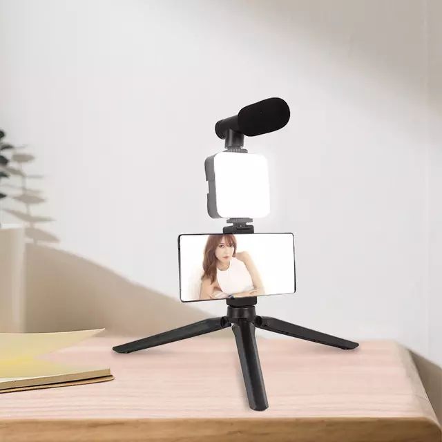 Vlogging Kit (4in1) LED Video Light Tripod Phone Holder + Microphone For YouTube/Tiktok/Facebook/Camera