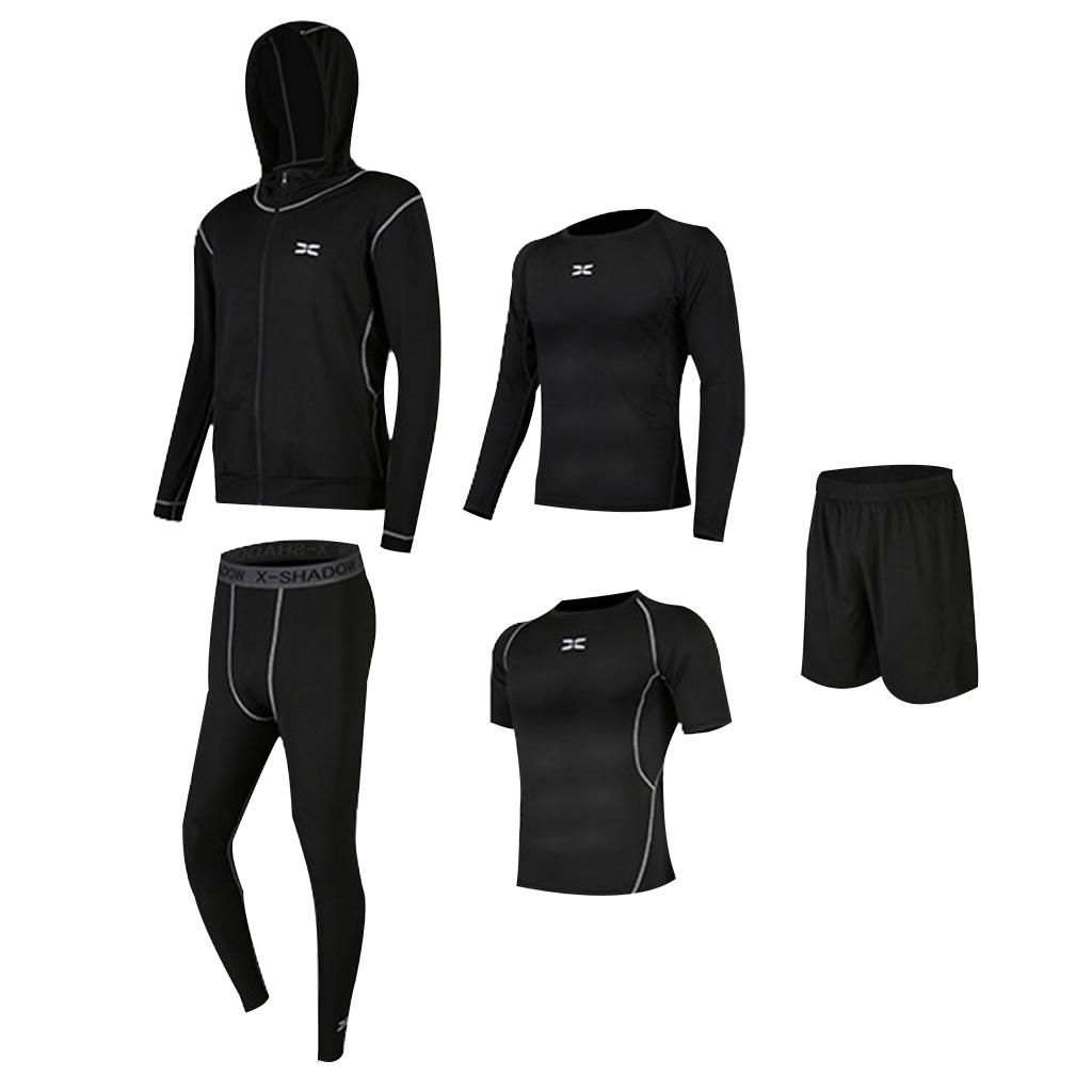 5Pcs/Set Men Tracksuit Quick Dry Gym Athletic Jogging Football Black M