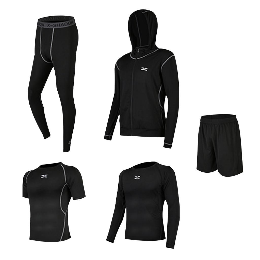 5Pcs/Set Men Tracksuit Quick Dry Gym Athletic Jogging Football Black M