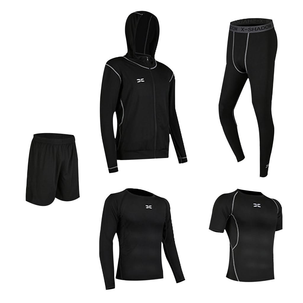 5Pcs/Set Men Tracksuit Quick Dry Gym Athletic Jogging Football Black M