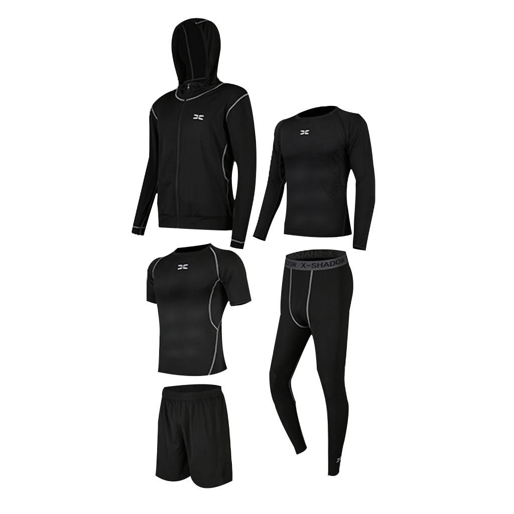 5Pcs/Set Men Tracksuit Quick Dry Gym Athletic Jogging Football Black M