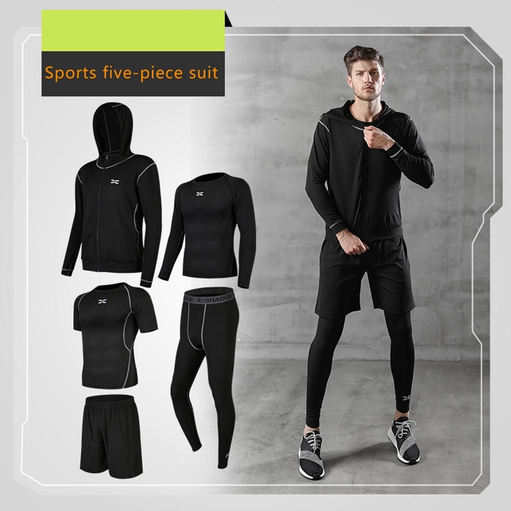 5Pcs/Set Men Tracksuit Quick Dry Gym Athletic Jogging Football Black M
