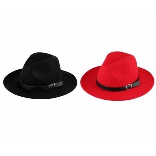 2 Pcs Belted Unisex Fedora Hat Set - Black & Red