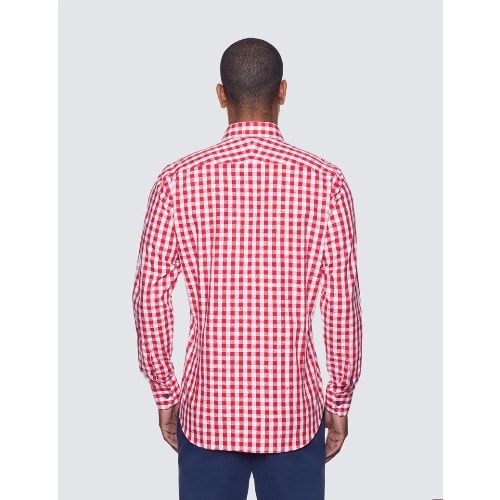 Low Collar Check Relaxed Slim Fit Shirt - White & Red
