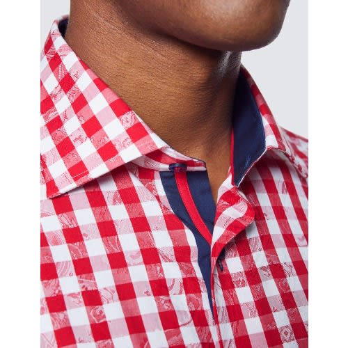 Low Collar Check Relaxed Slim Fit Shirt - White & Red
