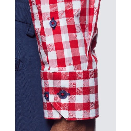 Low Collar Check Relaxed Slim Fit Shirt - White & Red