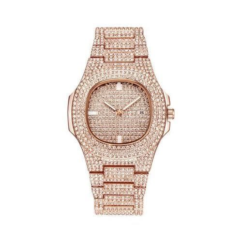 Fashion Front Studded Stainless Steel Wrist Watch- Rose Gold