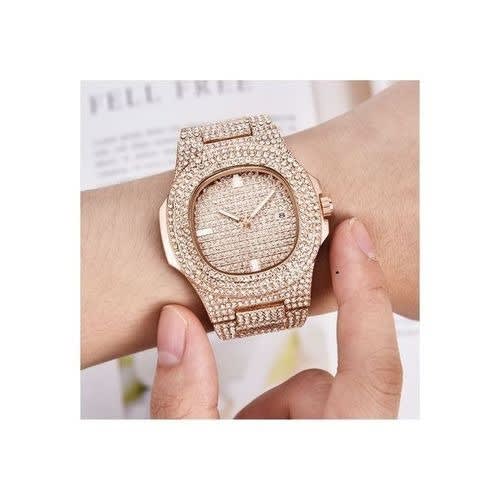 Fashion Front Studded Stainless Steel Wrist Watch- Rose Gold