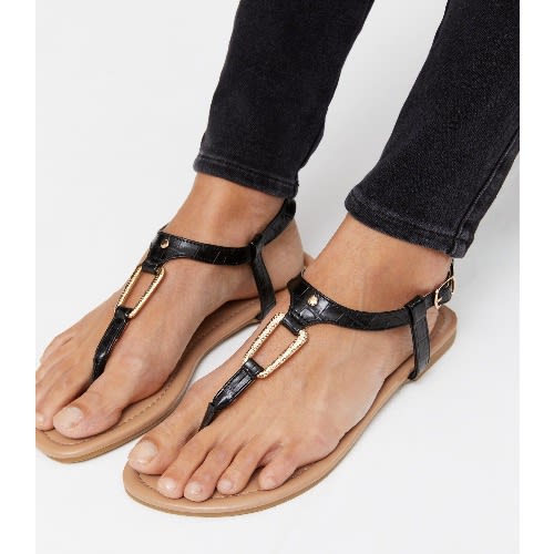 Wide Fit Black Faux Snake Metal Trim Flat Sandals