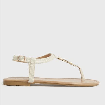 Wide Fit Off Faux Snake Metal Trim Flat Sandals - White