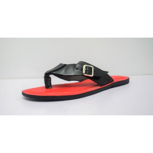 Men's Leather Cross Pam Slippers With Buckle- Black + Red