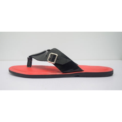 Men's Leather Cross Pam Slippers With Buckle- Black + Red