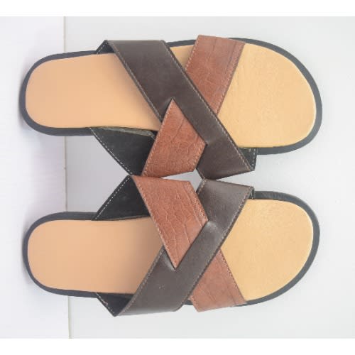 Men's Cross Plain & Pattern Leather Pam Slippers- Brown