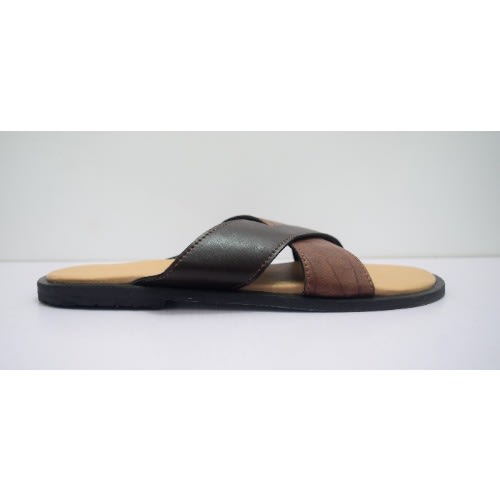 Men's Cross Plain & Pattern Leather Pam Slippers- Brown