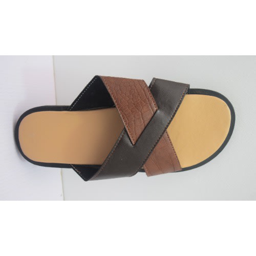 Men's Cross Plain & Pattern Leather Pam Slippers- Brown