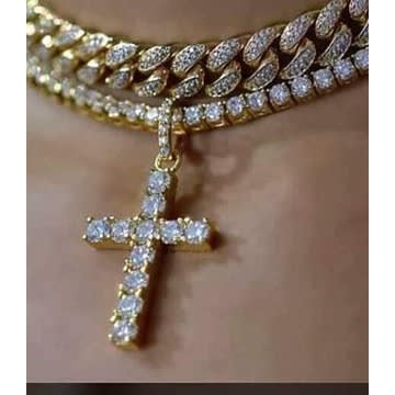 Cuban Iced Chain With Lovely Cross Pendant - Gold