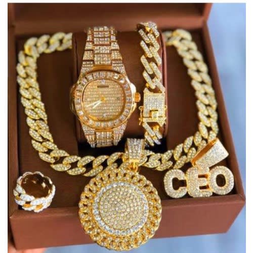 The Ceo Studded Iced Out Wristwatch With Ring/ Necklace/bracelet