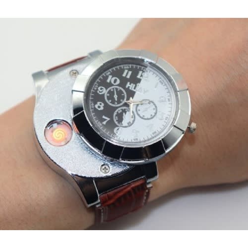 Usb Rechargeable Lighter Leather Wristwatch - Black & Brown (2pcs)