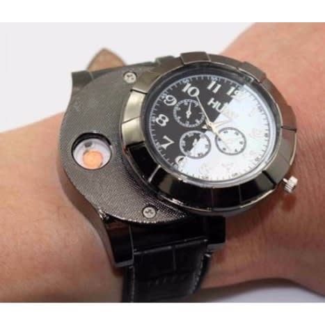 Usb Rechargeable Lighter Leather Wristwatch - Black & Brown (2pcs)