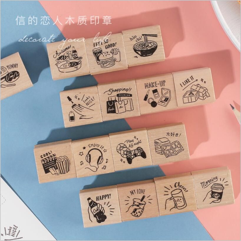 4pcs/set Retro Drinks Planner Wooden Rubber Stamp