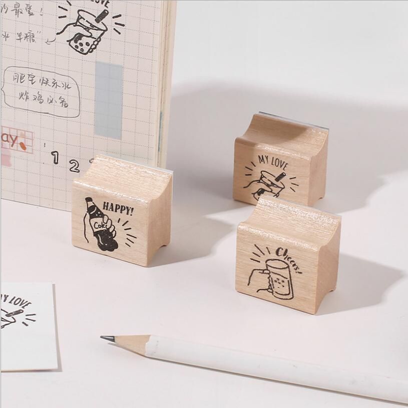 4pcs/set Retro Drinks Planner Wooden Rubber Stamp