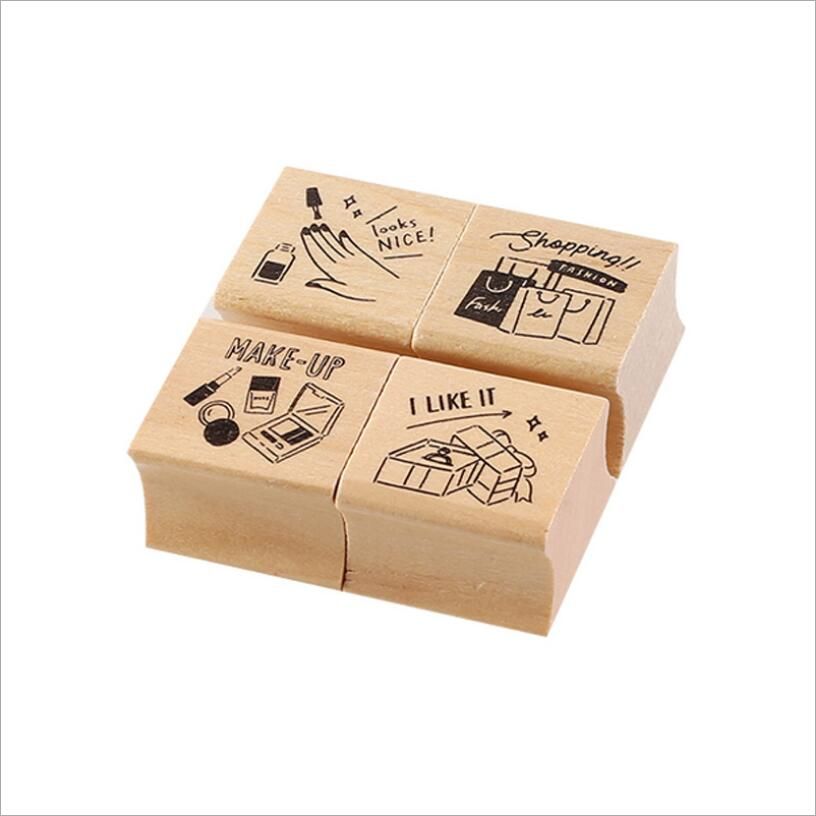 4pcs/set Retro Drinks Planner Wooden Rubber Stamp