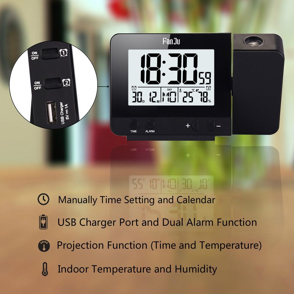 FanJu FJ3531B Projection Clock Desk Table Led Digital Snooze Alarm Backlight Projector Clock With Time Temperature Projection