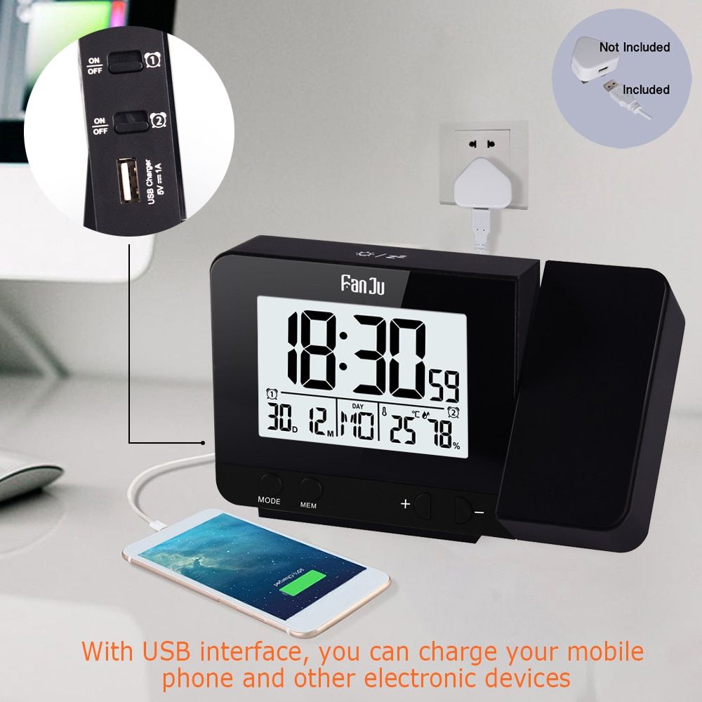 FanJu FJ3531B Projection Clock Desk Table Led Digital Snooze Alarm Backlight Projector Clock With Time Temperature Projection