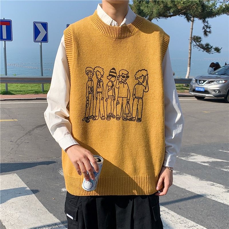 Sweater Vest Men Round Neck Sleeveless Sweaters Loose Oversize -yellow