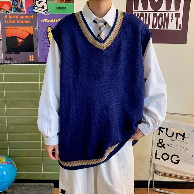 Korean Clothes Sleeveless V-neck Knitted Vest Sweater Male Harajuku-navy Blue