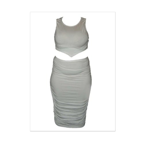 Emfed Knotted Crop Top Ruched Skirt Set - White