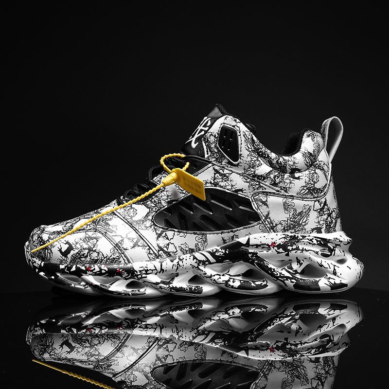 Men Air Cushion Sneakers Male Sport Shoes Color With Ink Splashing Shoes Black