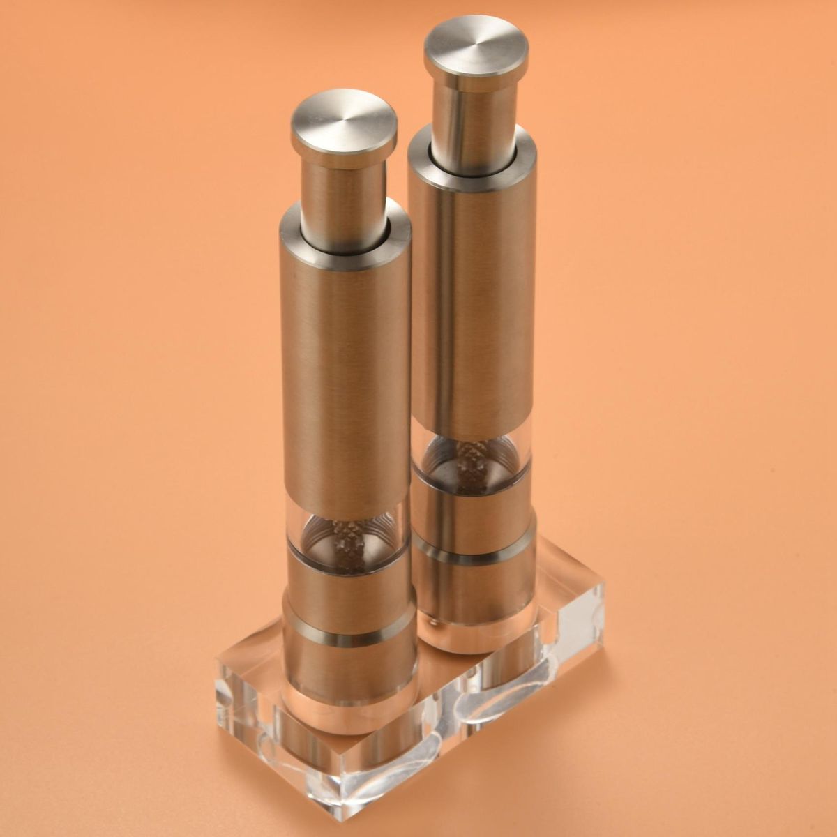 Salt and Pepper Grinder Set of 2, Pepper Mill Stainless Steel Salt Shaker Push-Button Manual Glass Salt and Pepper Set
