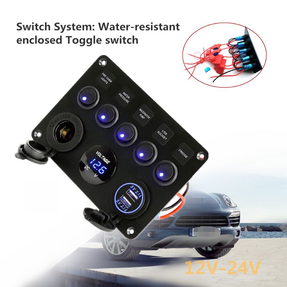 12V/24V Inline Fuse Box LED Rocker Switch Panel 5 Gang