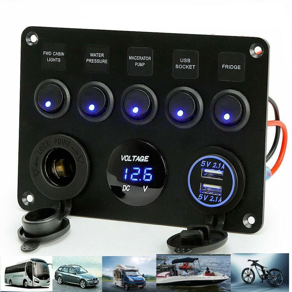 12V/24V Inline Fuse Box LED Rocker Switch Panel 5 Gang
