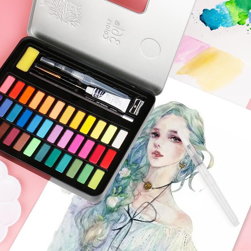 Joerchone 36/48 Colors High Quality Solid Watercolor Paint Set Art Supplies Fountain Pen 9-Piece Set