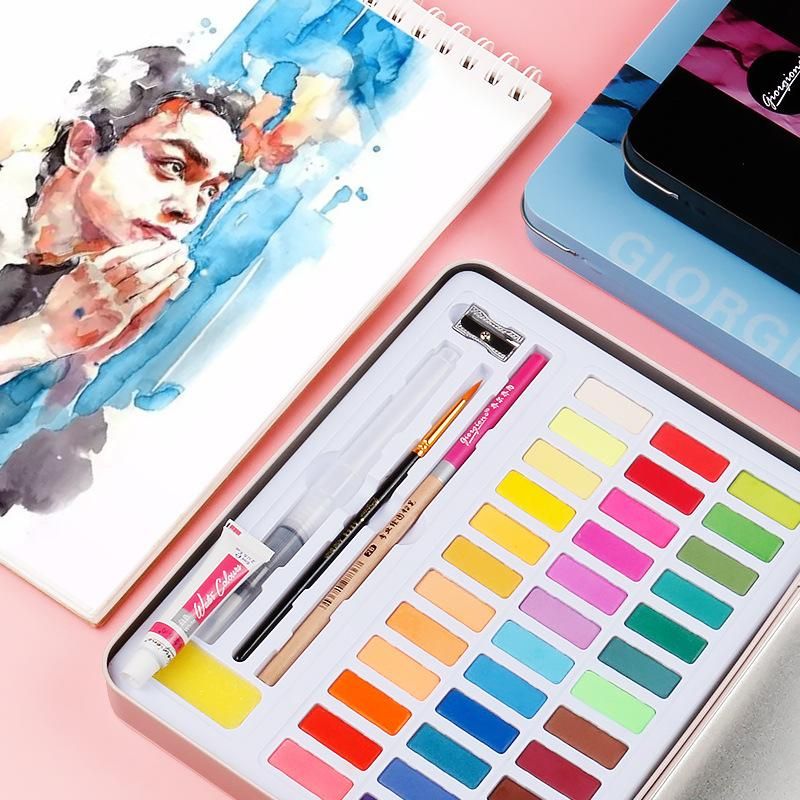 Joerchone 36/48 Colors High Quality Solid Watercolor Paint Set Art Supplies Fountain Pen 9-Piece Set
