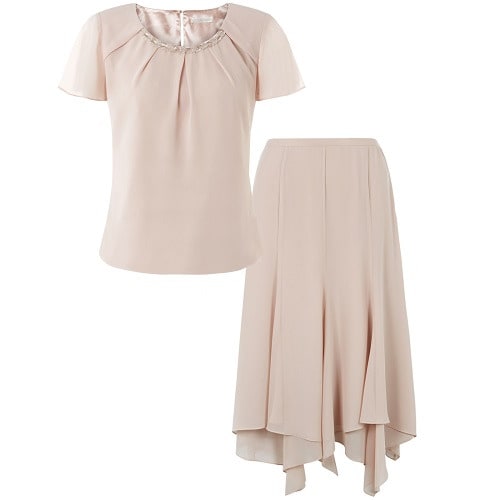 Neutral Bead Trim Angel Sleeve Top and Hanky Hem Skirt