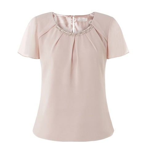 Neutral Bead Trim Angel Sleeve Top and Hanky Hem Skirt